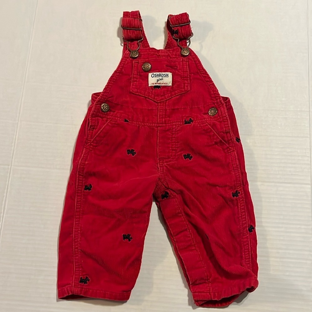 VTG-Oshkosh girl-6M-red corduroy Scotty dog overall print, vestbak overalls.